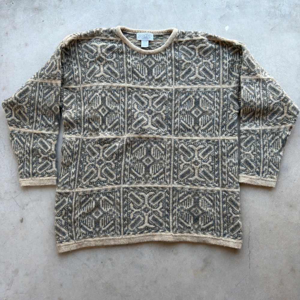 Lands End Vintage Shetland Wool Sweater Womens Medium UK Knit Fair Isle Tile